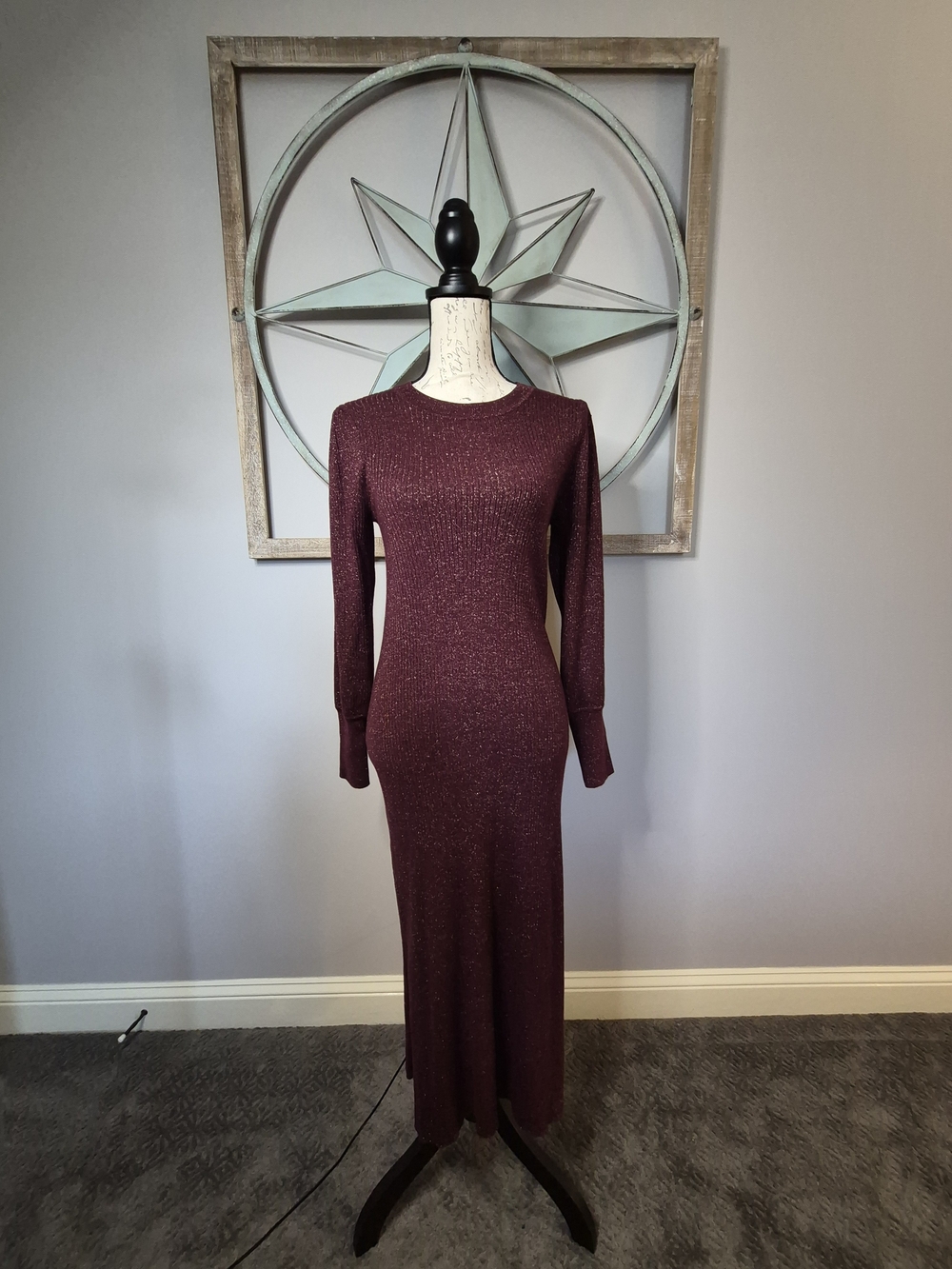 LOFT Burgundy Metallic Long Sleeve Ribbed Knit Sweater Dress - S